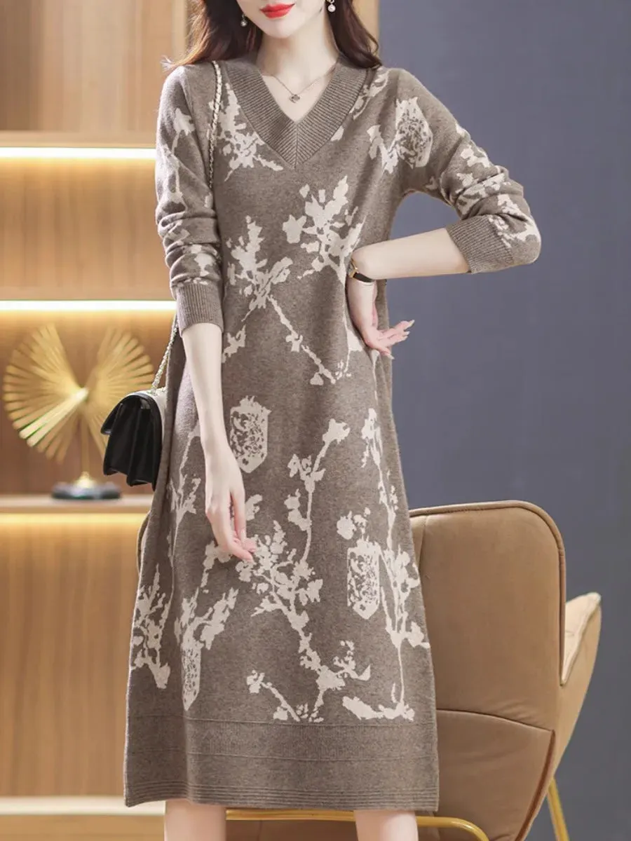 Temperament Knitted V-neck Sweater Dress For Women's Autumn Winter New Large Size Thicken Woolen Sweater Dress Female Vestidos