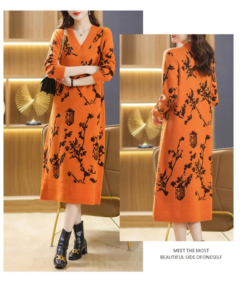 Temperament Knitted V-neck Sweater Dress For Women's Autumn Winter New Large Size Thicken Woolen Sweater Dress Female Vestidos
