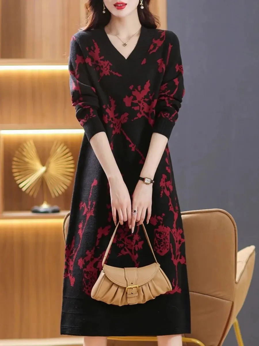 Temperament Knitted V-neck Sweater Dress For Women's Autumn Winter New Large Size Thicken Woolen Sweater Dress Female Vestidos