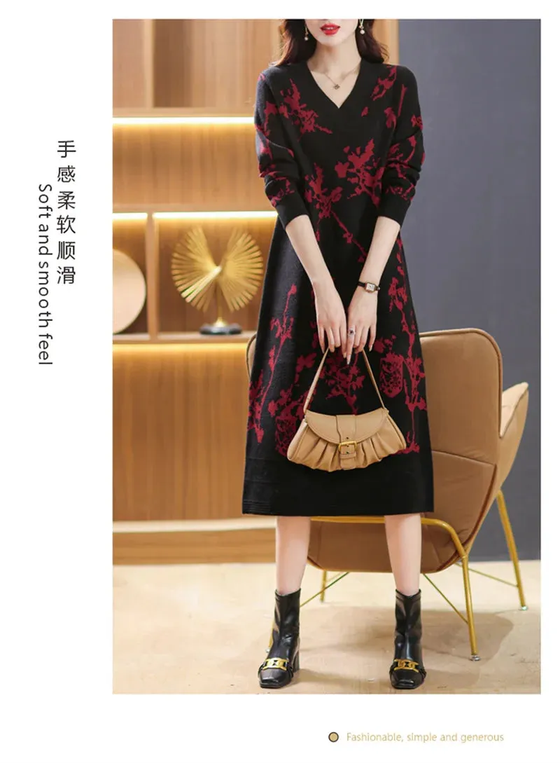 Temperament Knitted V-neck Sweater Dress For Women's Autumn Winter New Large Size Thicken Woolen Sweater Dress Female Vestidos