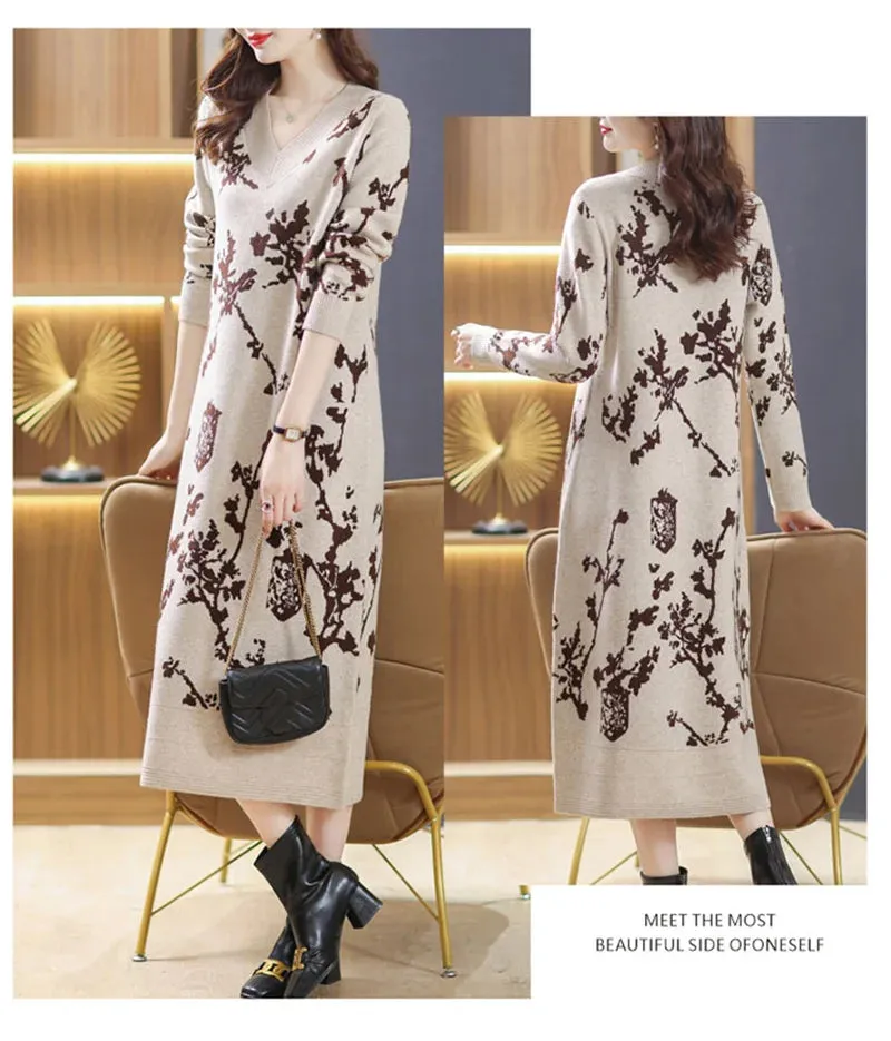 Temperament Knitted V-neck Sweater Dress For Women's Autumn Winter New Large Size Thicken Woolen Sweater Dress Female Vestidos
