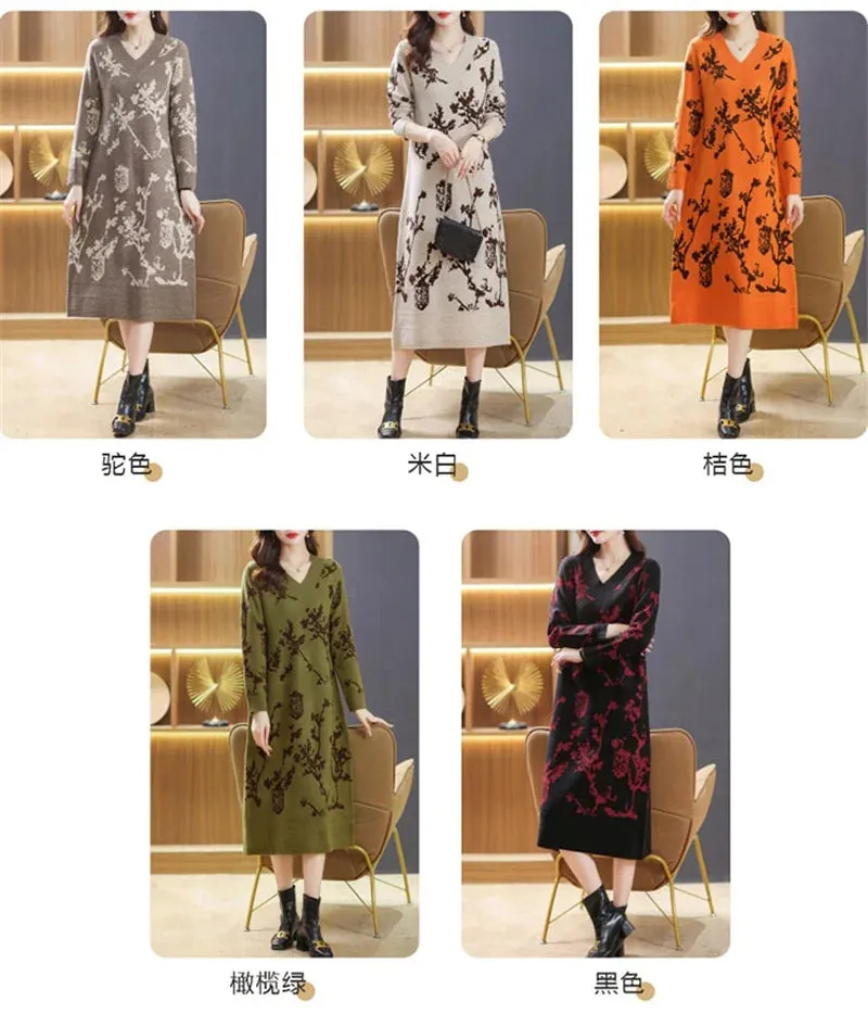 Temperament Knitted V-neck Sweater Dress For Women's Autumn Winter New Large Size Thicken Woolen Sweater Dress Female Vestidos