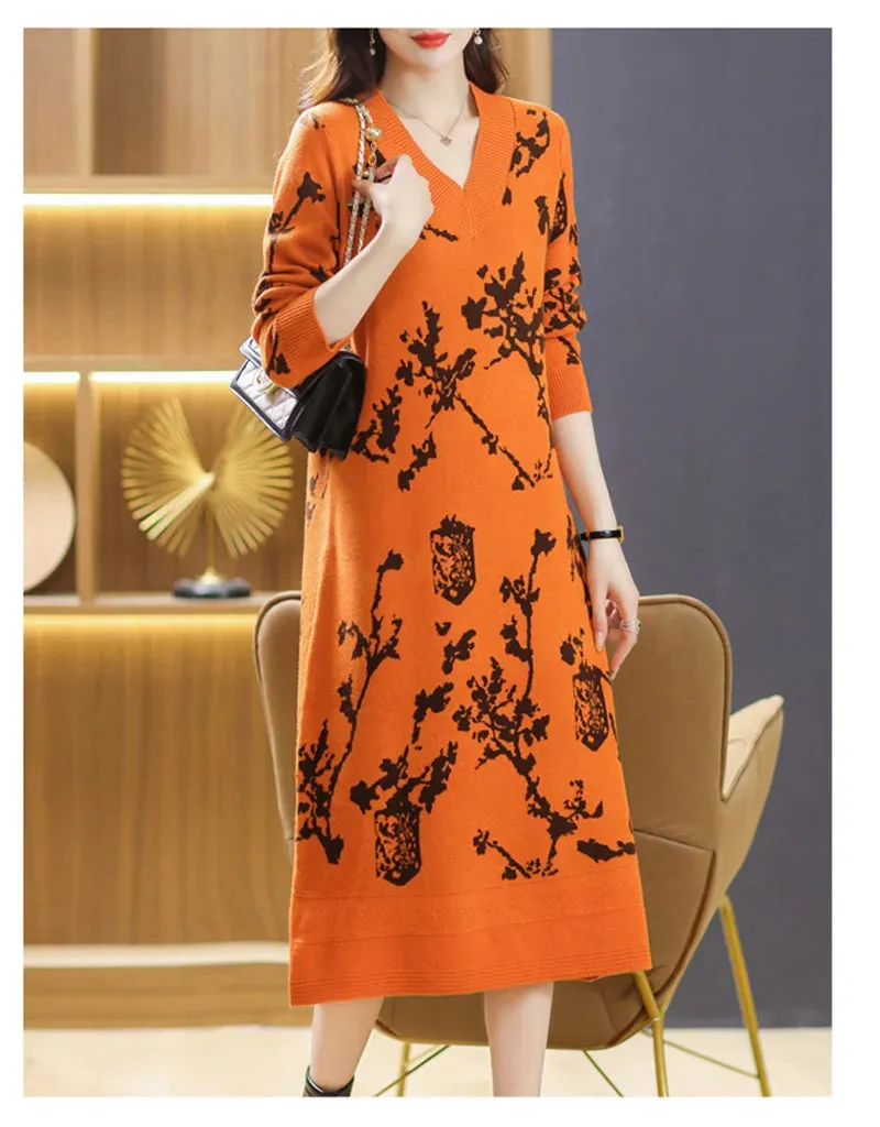 Temperament Knitted V-neck Sweater Dress For Women's Autumn Winter New Large Size Thicken Woolen Sweater Dress Female Vestidos
