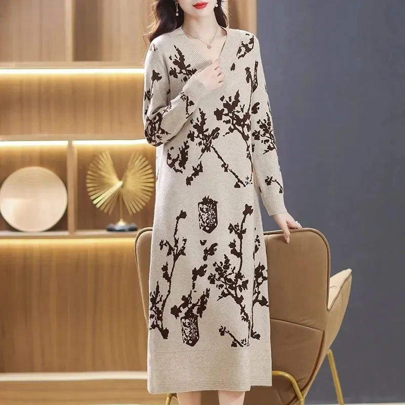 Temperament Knitted V-neck Sweater Dress For Women's Autumn Winter New Large Size Thicken Woolen Sweater Dress Female Vestidos