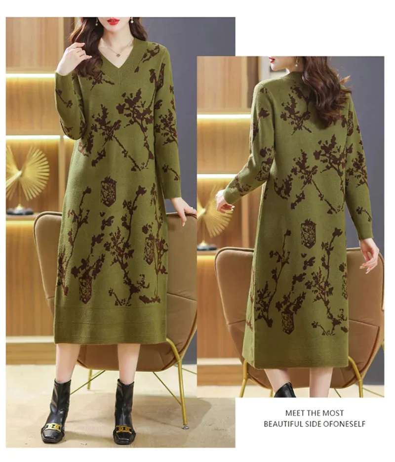 Temperament Knitted V-neck Sweater Dress For Women's Autumn Winter New Large Size Thicken Woolen Sweater Dress Female Vestidos