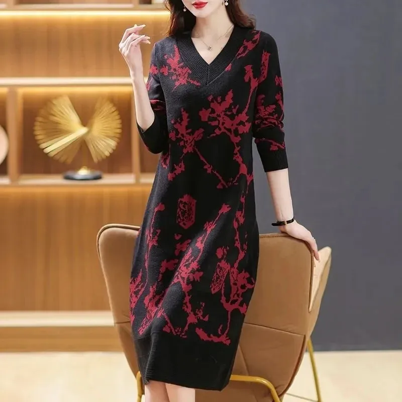 Temperament Knitted V-neck Sweater Dress For Women's Autumn Winter New Large Size Thicken Woolen Sweater Dress Female Vestidos