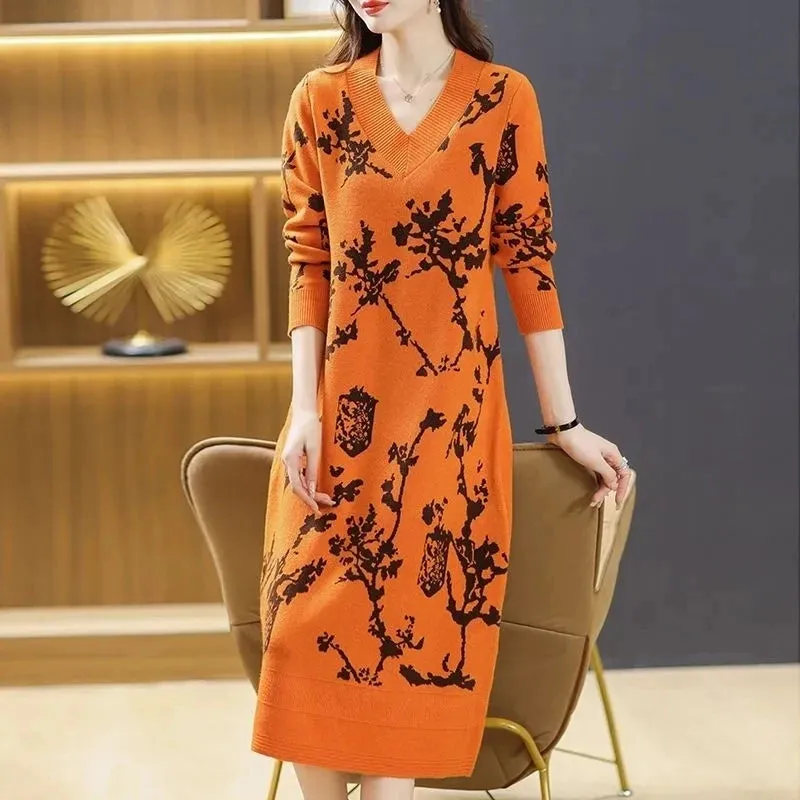 Temperament Knitted V-neck Sweater Dress For Women's Autumn Winter New Large Size Thicken Woolen Sweater Dress Female Vestidos