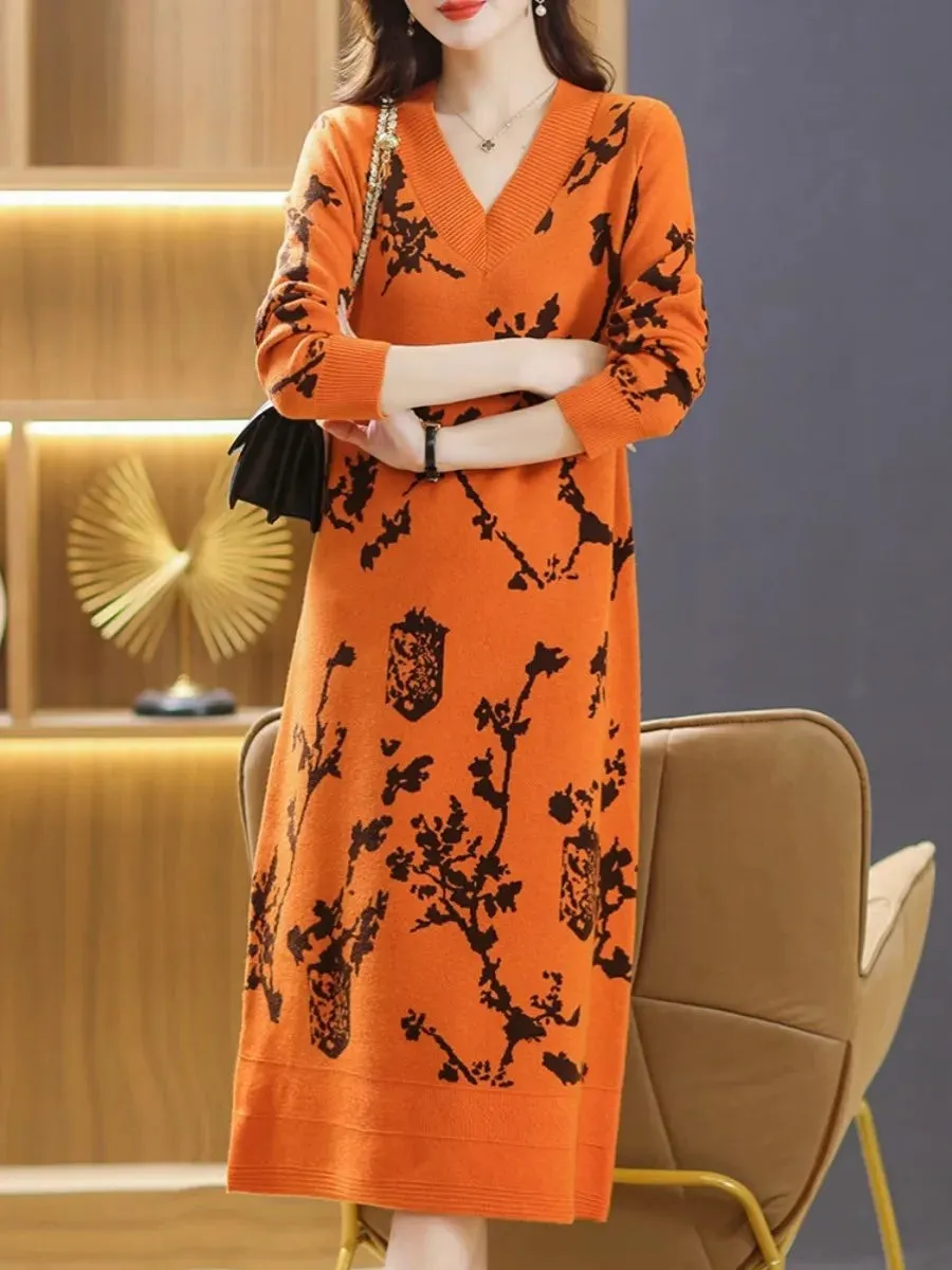 Temperament Knitted V-neck Sweater Dress For Women's Autumn Winter New Large Size Thicken Woolen Sweater Dress Female Vestidos