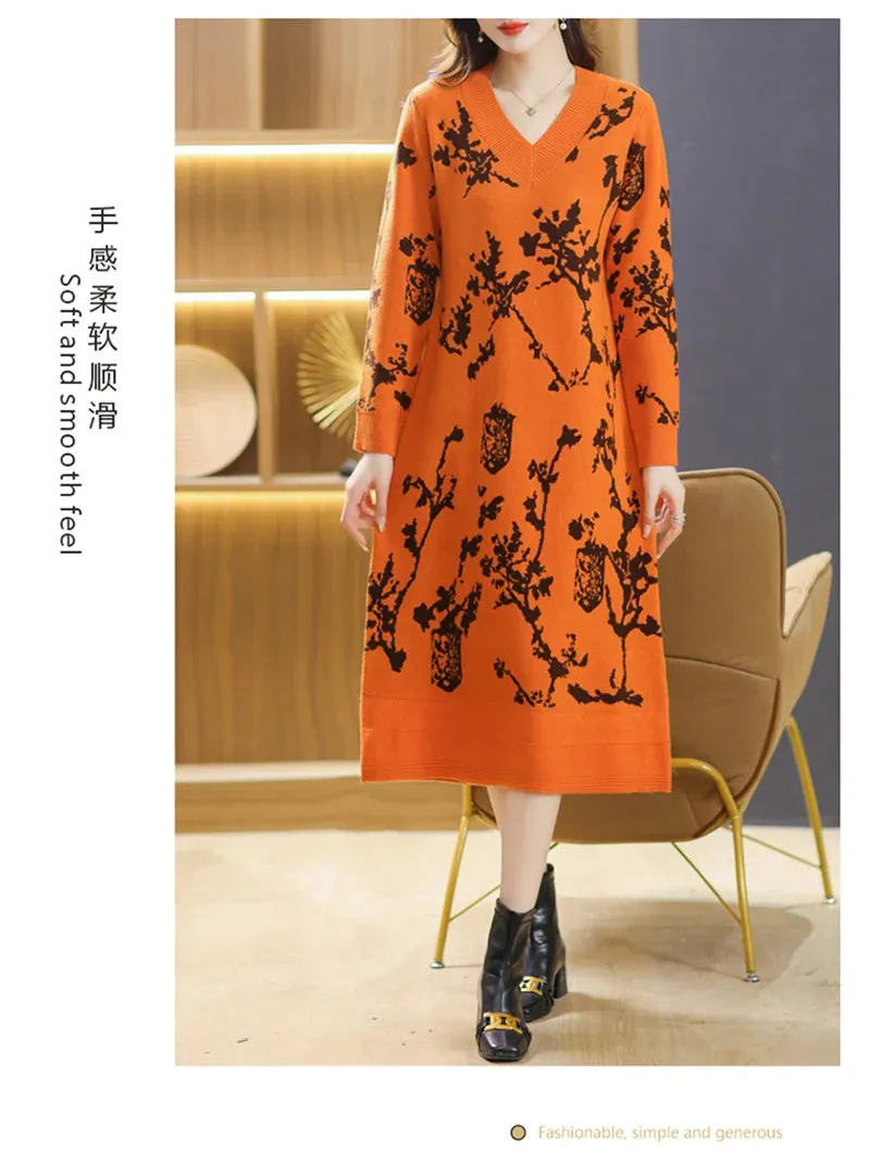 Temperament Knitted V-neck Sweater Dress For Women's Autumn Winter New Large Size Thicken Woolen Sweater Dress Female Vestidos