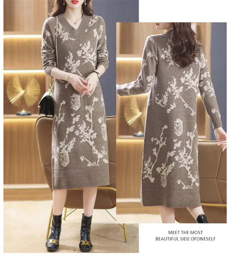 Temperament Knitted V-neck Sweater Dress For Women's Autumn Winter New Large Size Thicken Woolen Sweater Dress Female Vestidos