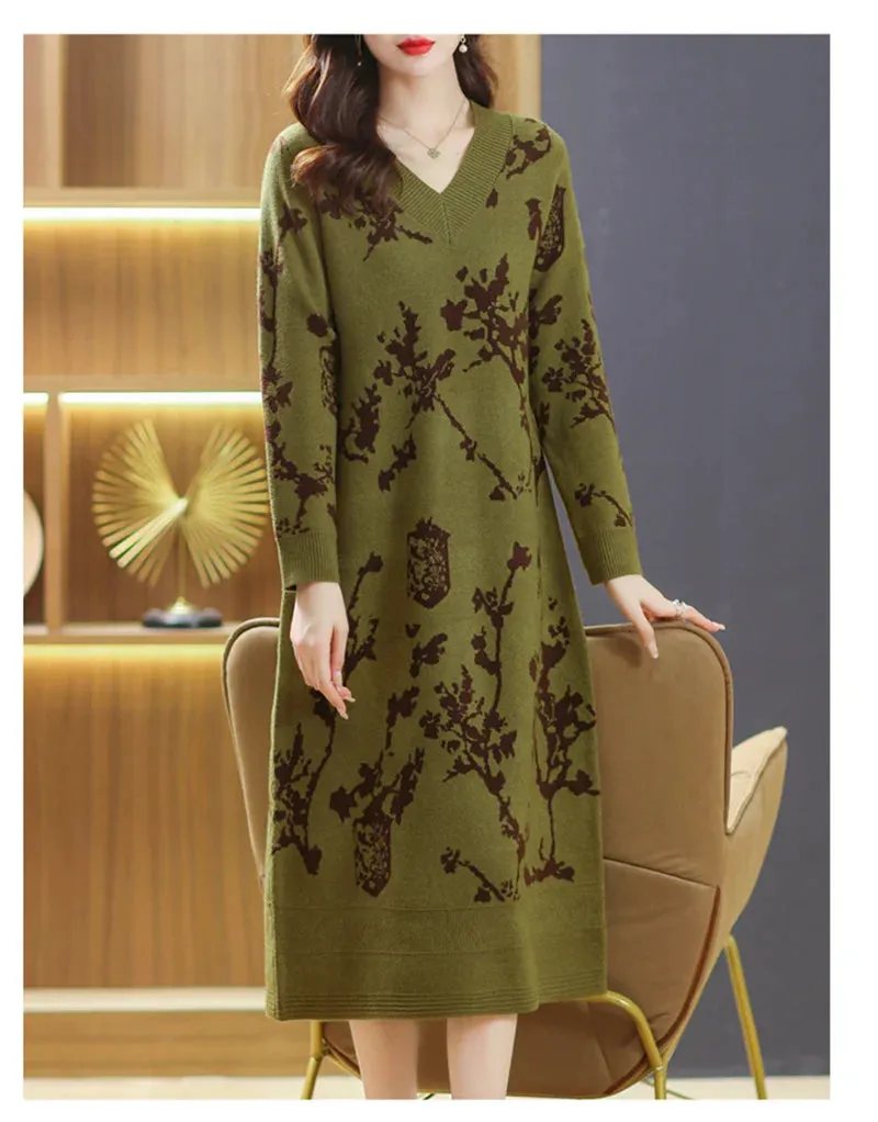 Temperament Knitted V-neck Sweater Dress For Women's Autumn Winter New Large Size Thicken Woolen Sweater Dress Female Vestidos