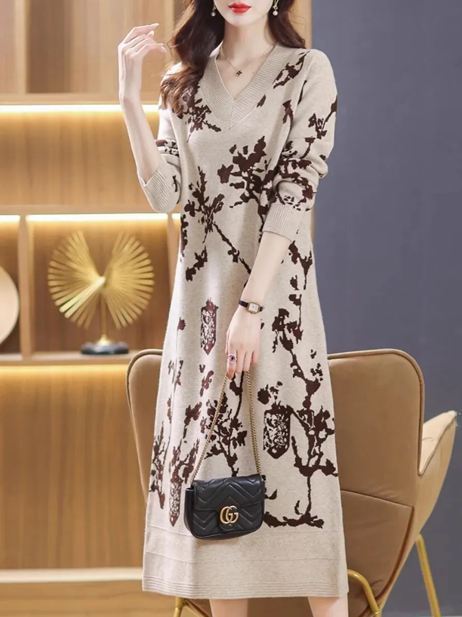 Temperament Knitted V-neck Sweater Dress For Women's Autumn Winter New Large Size Thicken Woolen Sweater Dress Female Vestidos