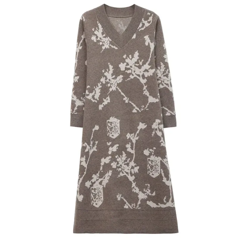 Temperament Knitted V-neck Sweater Dress For Women's Autumn Winter New Large Size Thicken Woolen Sweater Dress Female Vestidos
