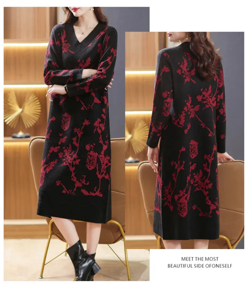 Temperament Knitted V-neck Sweater Dress For Women's Autumn Winter New Large Size Thicken Woolen Sweater Dress Female Vestidos