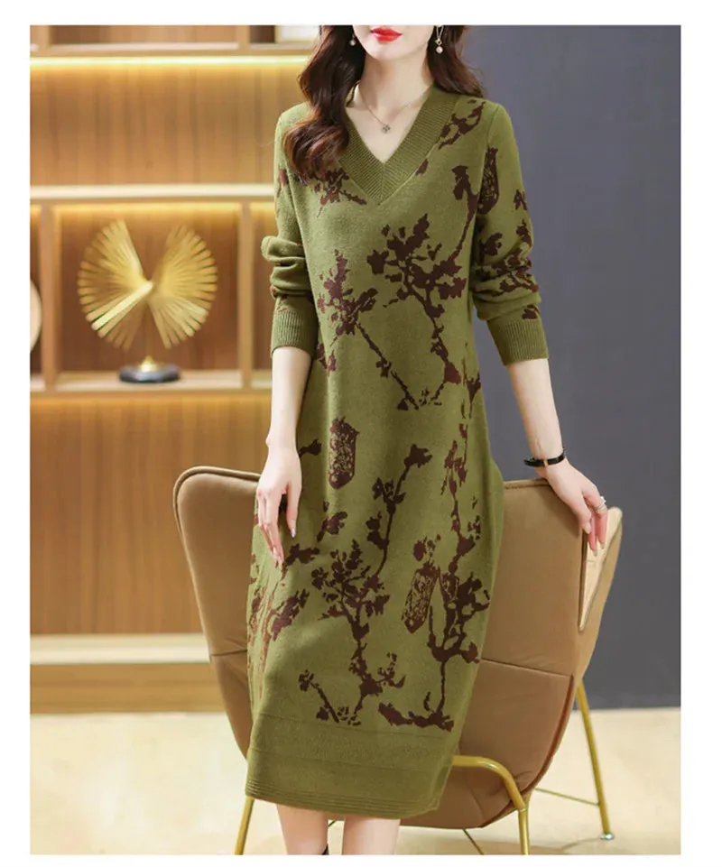 Temperament Knitted V-neck Sweater Dress For Women's Autumn Winter New Large Size Thicken Woolen Sweater Dress Female Vestidos