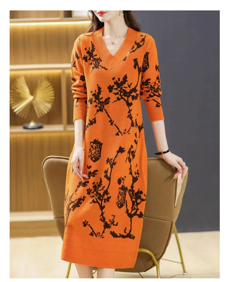 Temperament Knitted V-neck Sweater Dress For Women's Autumn Winter New Large Size Thicken Woolen Sweater Dress Female Vestidos