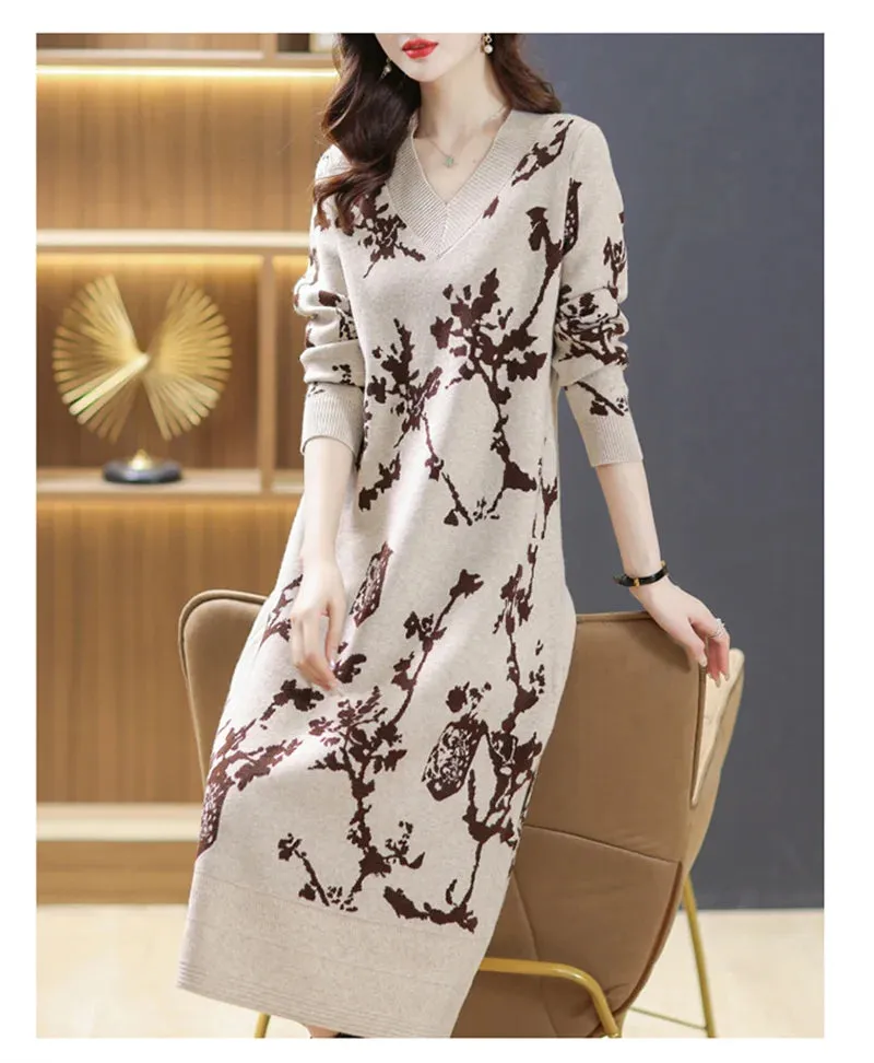 Temperament Knitted V-neck Sweater Dress For Women's Autumn Winter New Large Size Thicken Woolen Sweater Dress Female Vestidos