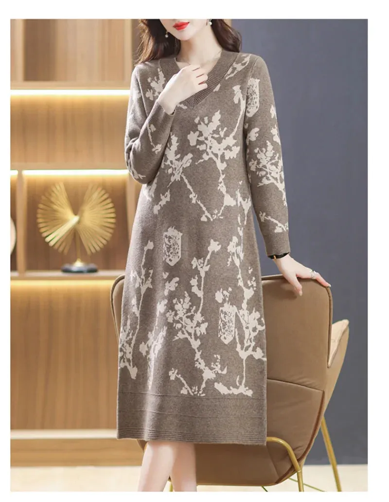 Temperament Knitted V-neck Sweater Dress For Women's Autumn Winter New Large Size Thicken Woolen Sweater Dress Female Vestidos