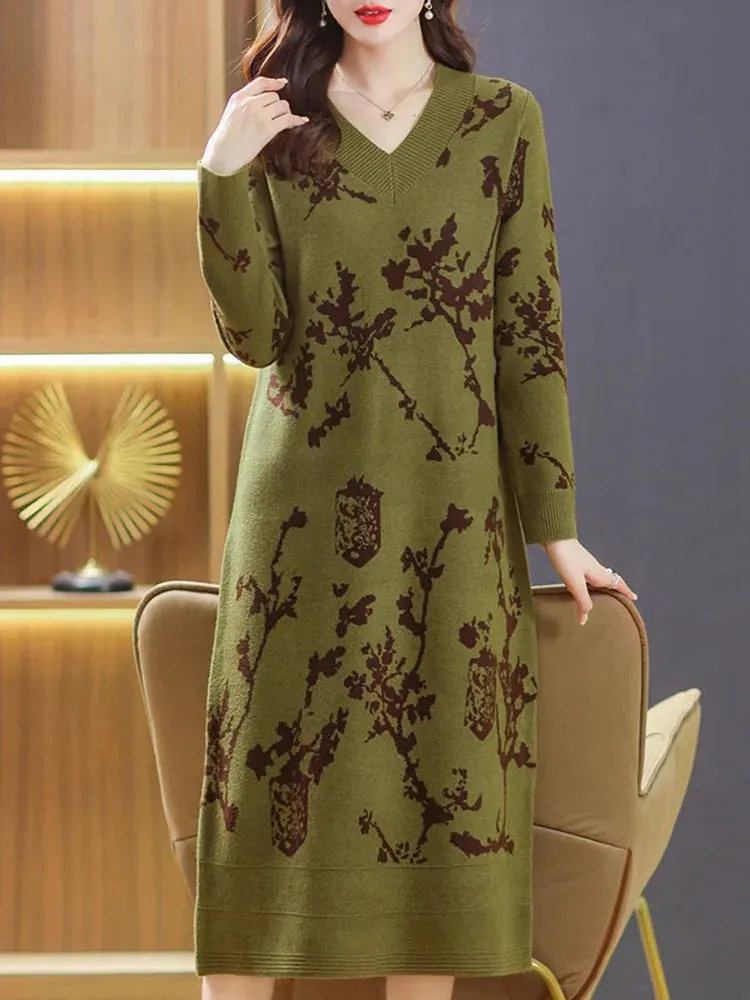 Temperament Knitted V-neck Sweater Dress For Women's Autumn Winter New Large Size Thicken Woolen Sweater Dress Female Vestidos