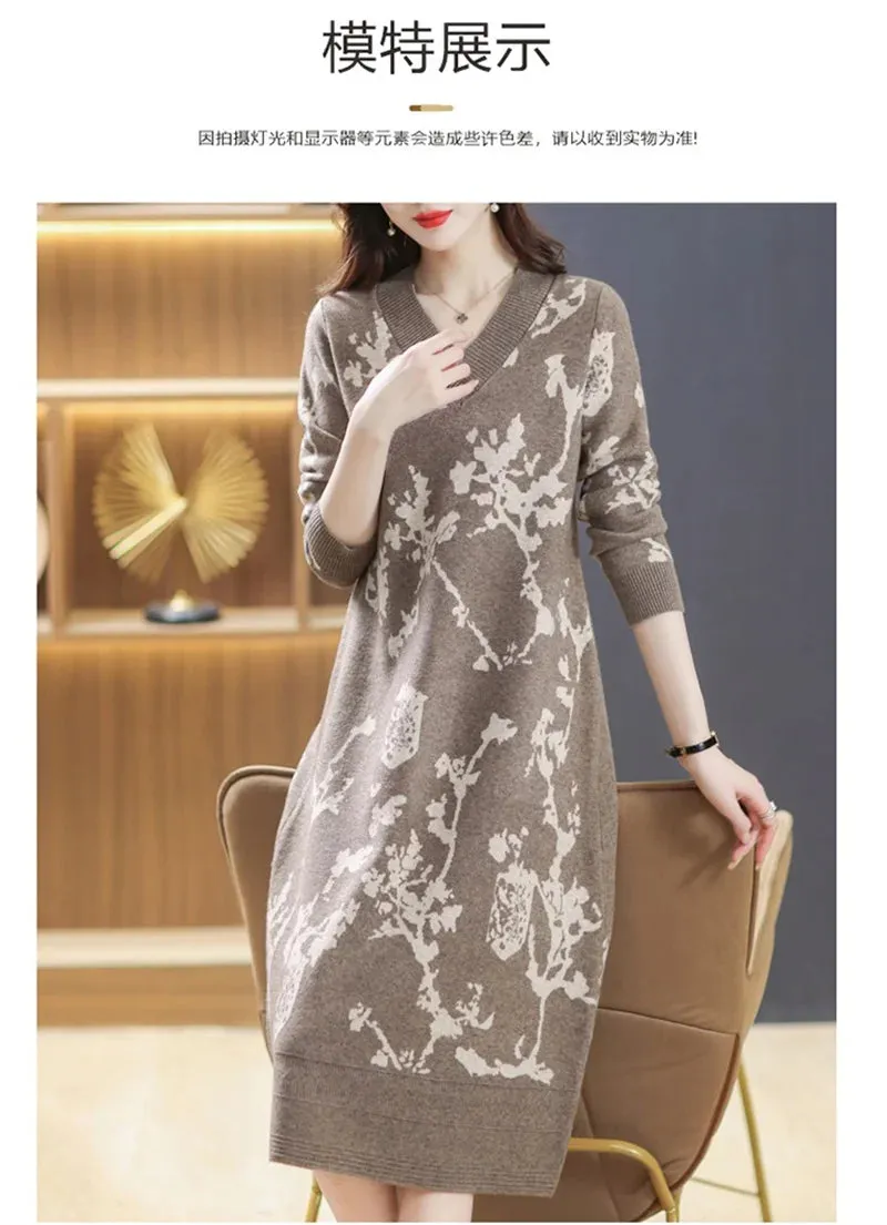 Temperament Knitted V-neck Sweater Dress For Women's Autumn Winter New Large Size Thicken Woolen Sweater Dress Female Vestidos