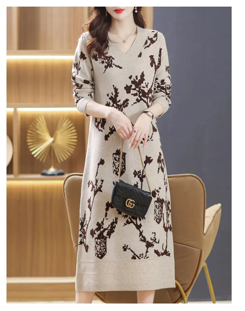 Temperament Knitted V-neck Sweater Dress For Women's Autumn Winter New Large Size Thicken Woolen Sweater Dress Female Vestidos