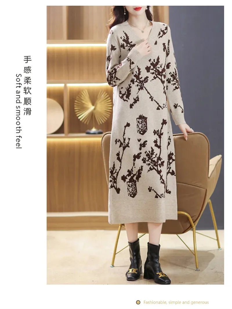 Temperament Knitted V-neck Sweater Dress For Women's Autumn Winter New Large Size Thicken Woolen Sweater Dress Female Vestidos