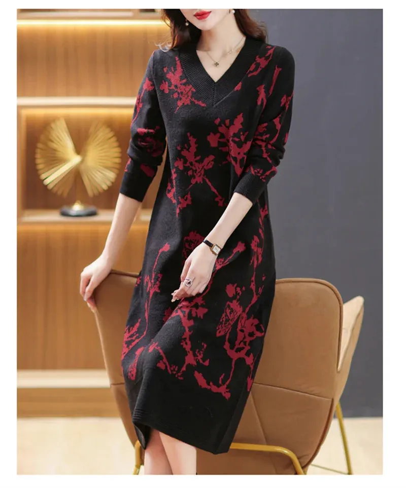 Temperament Knitted V-neck Sweater Dress For Women's Autumn Winter New Large Size Thicken Woolen Sweater Dress Female Vestidos