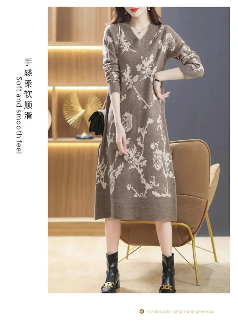 Temperament Knitted V-neck Sweater Dress For Women's Autumn Winter New Large Size Thicken Woolen Sweater Dress Female Vestidos