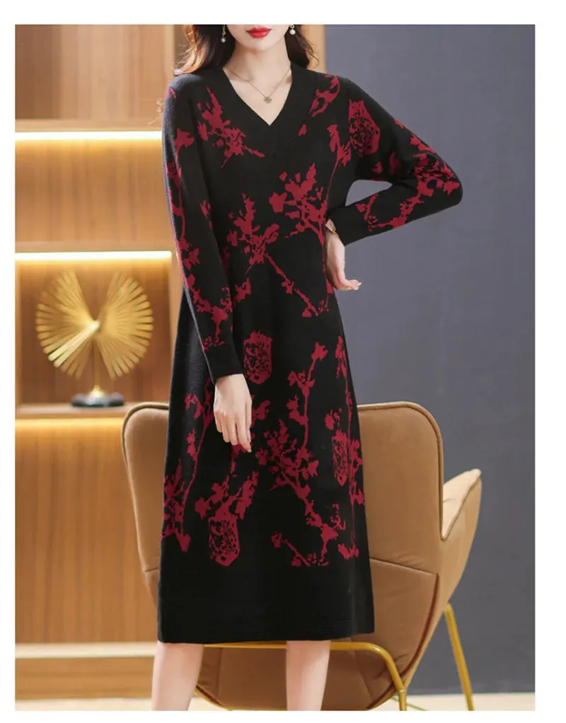 Temperament Knitted V-neck Sweater Dress For Women's Autumn Winter New Large Size Thicken Woolen Sweater Dress Female Vestidos