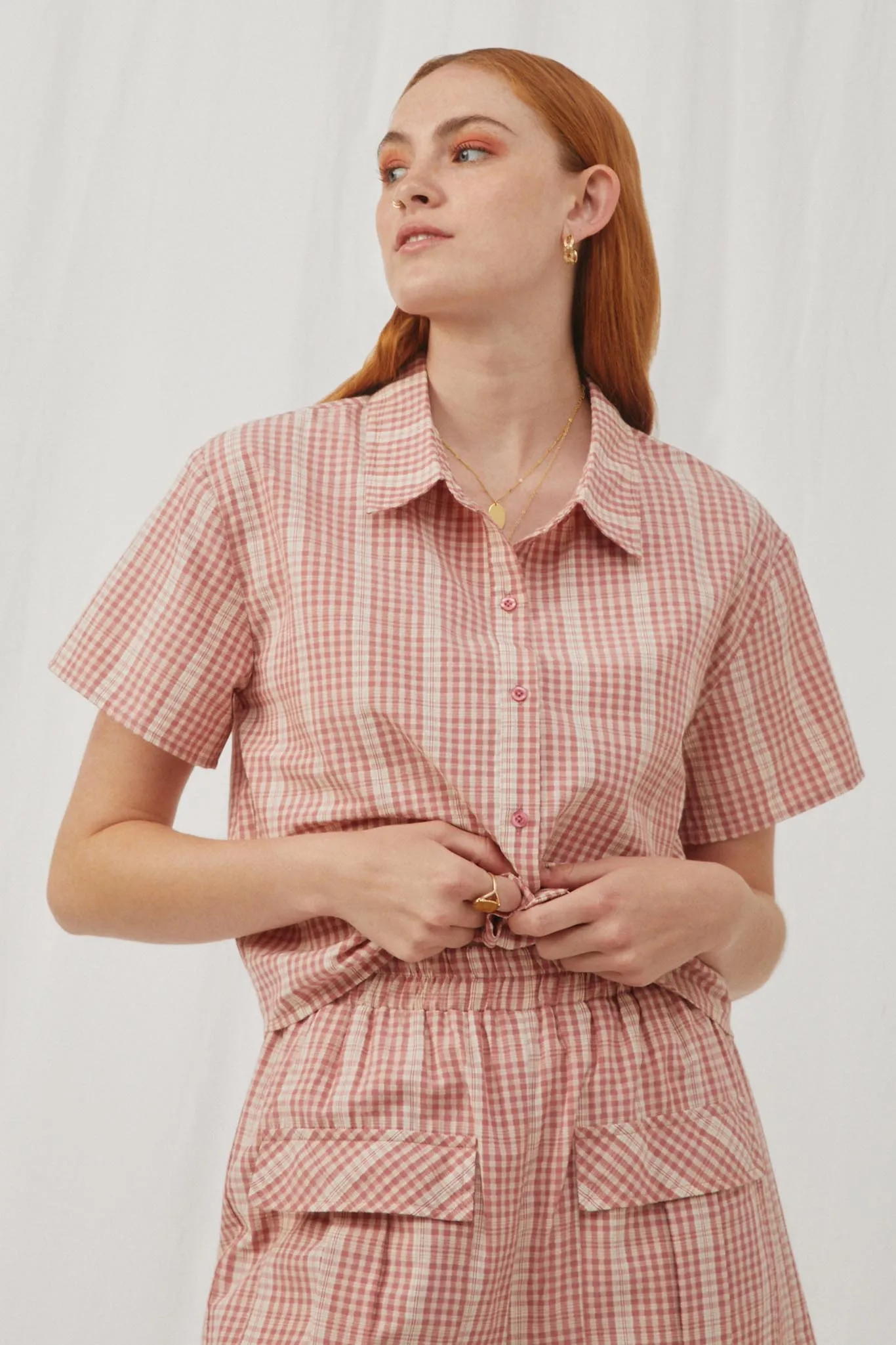 Textured Gingham Collared Button Up Shirt