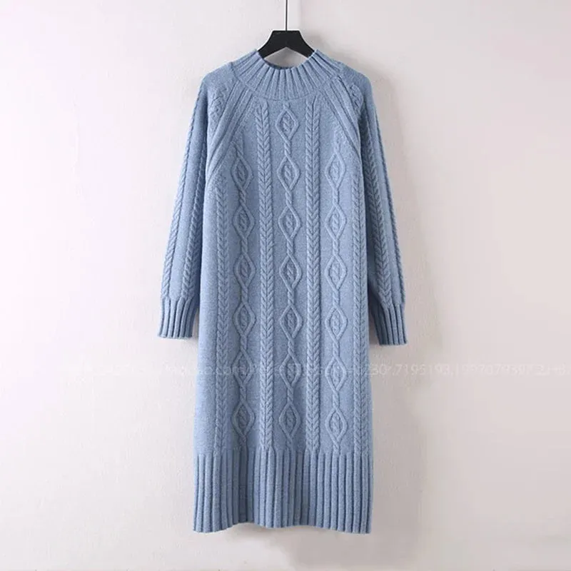 Winter Thicken Plush Velvet Lined Sweater Dress Women's Fall Half Turtleneck Rib Knit Bottom Dresses Elegant Warm Vestido Midi