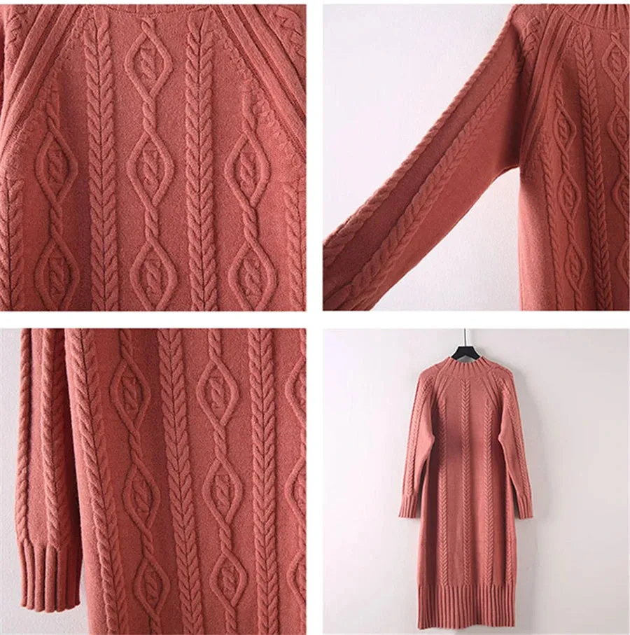Winter Thicken Plush Velvet Lined Sweater Dress Women's Fall Half Turtleneck Rib Knit Bottom Dresses Elegant Warm Vestido Midi