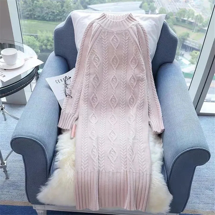 Winter Thicken Plush Velvet Lined Sweater Dress Women's Fall Half Turtleneck Rib Knit Bottom Dresses Elegant Warm Vestido Midi