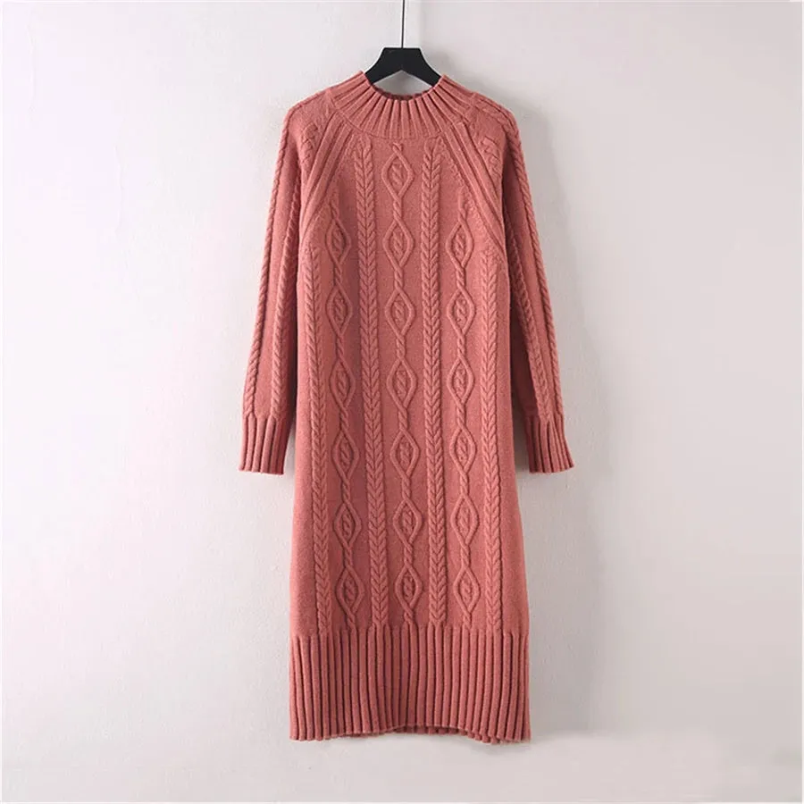 Winter Thicken Plush Velvet Lined Sweater Dress Women's Fall Half Turtleneck Rib Knit Bottom Dresses Elegant Warm Vestido Midi