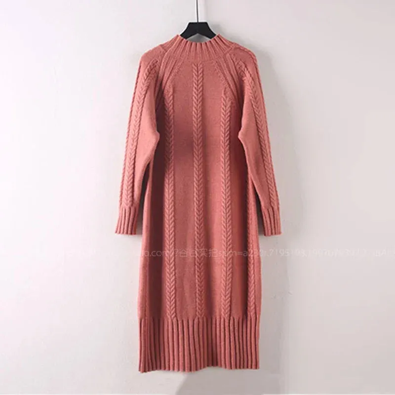 Winter Thicken Plush Velvet Lined Sweater Dress Women's Fall Half Turtleneck Rib Knit Bottom Dresses Elegant Warm Vestido Midi