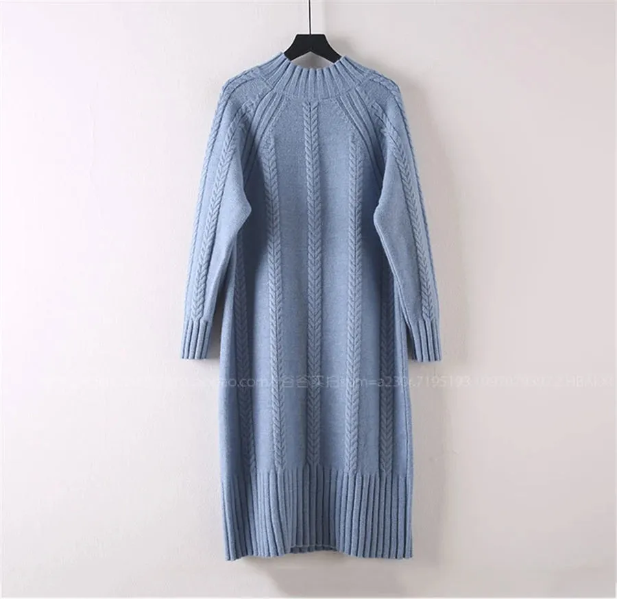 Winter Thicken Plush Velvet Lined Sweater Dress Women's Fall Half Turtleneck Rib Knit Bottom Dresses Elegant Warm Vestido Midi
