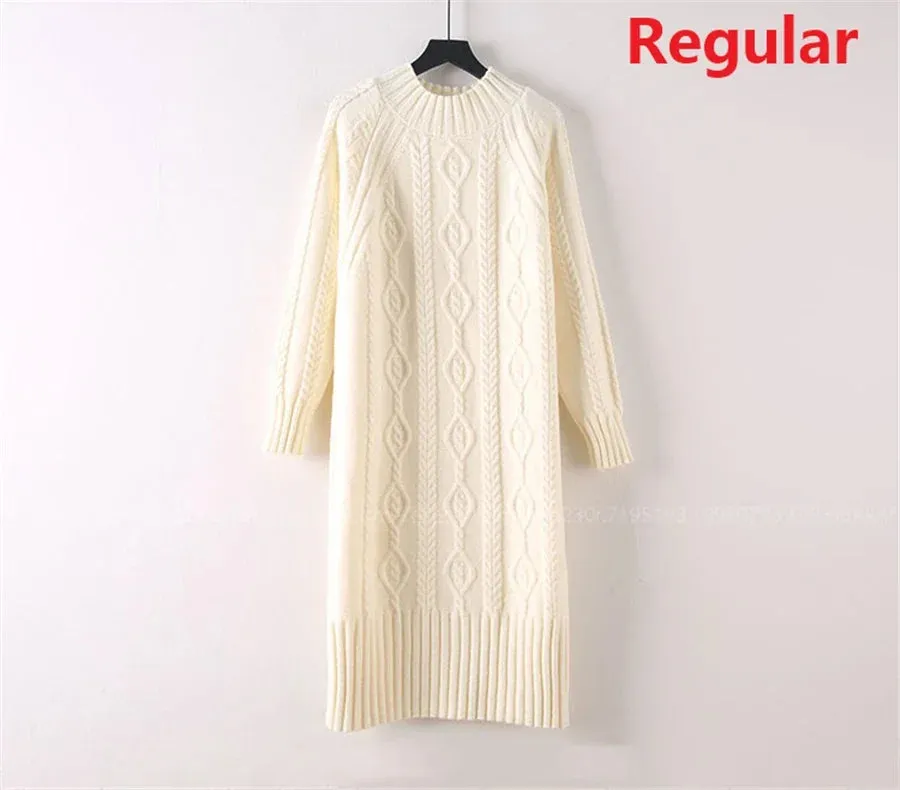 Winter Thicken Plush Velvet Lined Sweater Dress Women's Fall Half Turtleneck Rib Knit Bottom Dresses Elegant Warm Vestido Midi