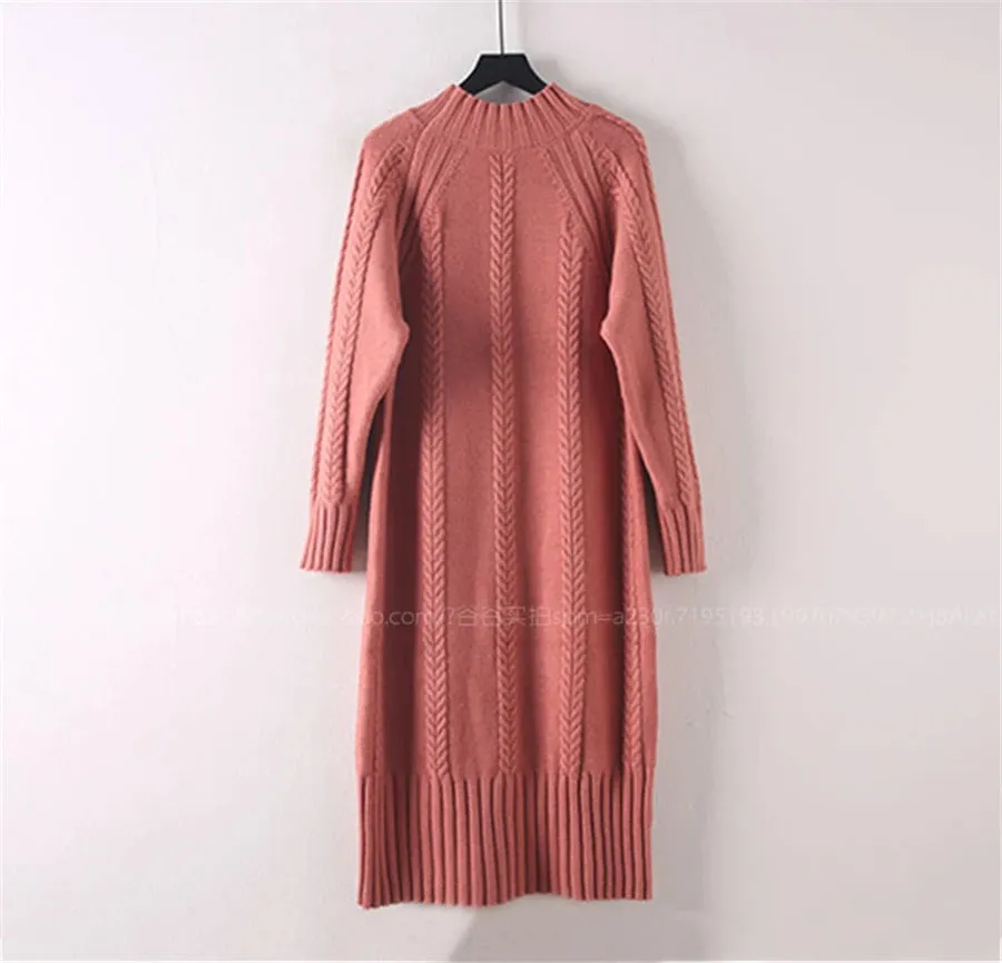 Winter Thicken Plush Velvet Lined Sweater Dress Women's Fall Half Turtleneck Rib Knit Bottom Dresses Elegant Warm Vestido Midi