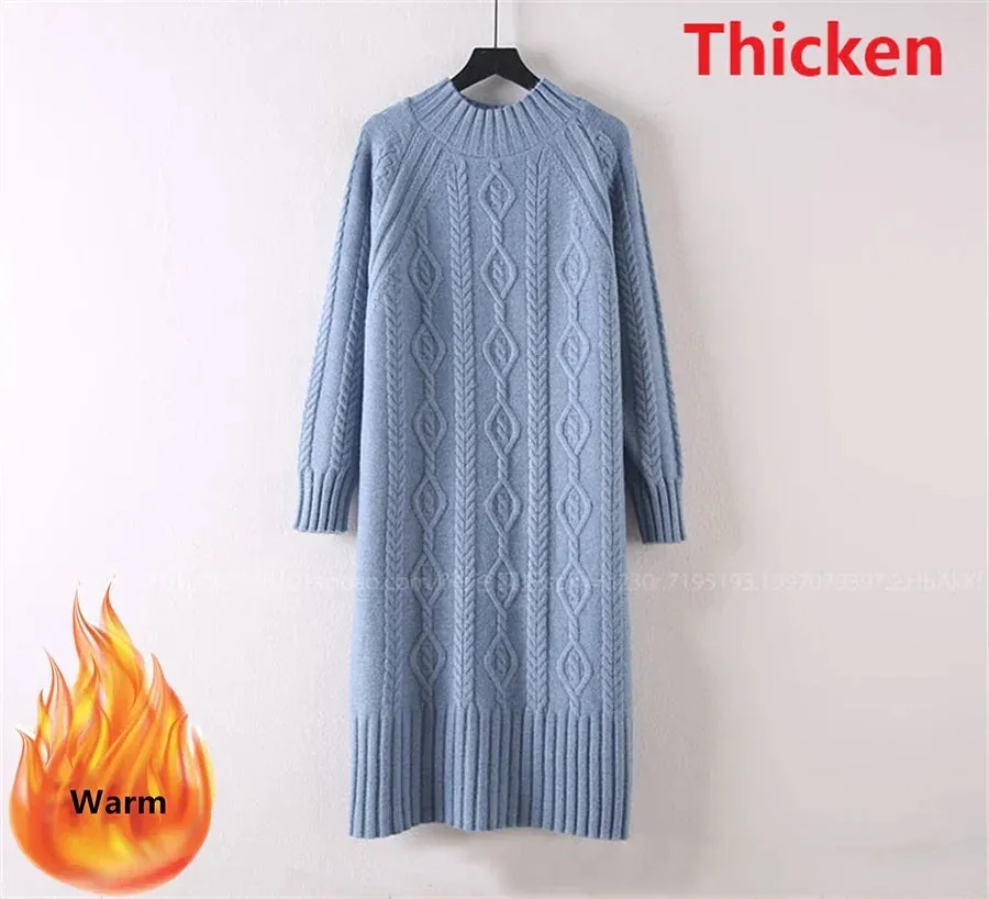 Winter Thicken Plush Velvet Lined Sweater Dress Women's Fall Half Turtleneck Rib Knit Bottom Dresses Elegant Warm Vestido Midi