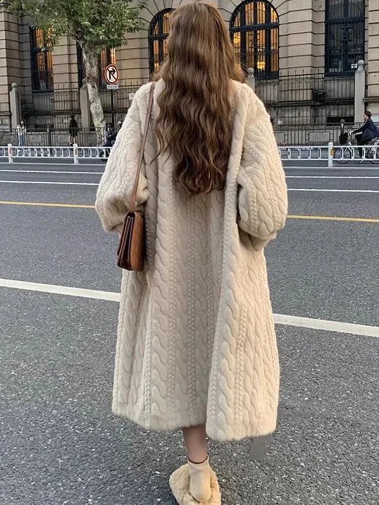 Winter Warm Faux Mink Fur Long Coats Women Korean Thicken Cotton Padded Lined Jackets Single Breasted Loose Rabbit Plus Abrigos