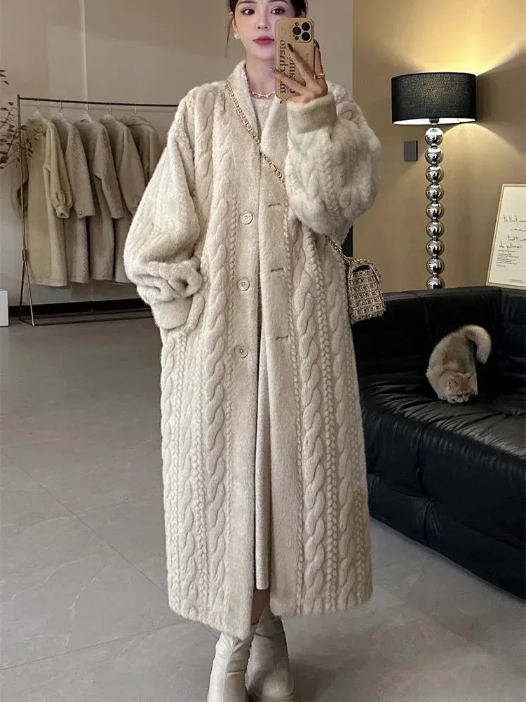 Winter Warm Faux Mink Fur Long Coats Women Korean Thicken Cotton Padded Lined Jackets Single Breasted Loose Rabbit Plus Abrigos