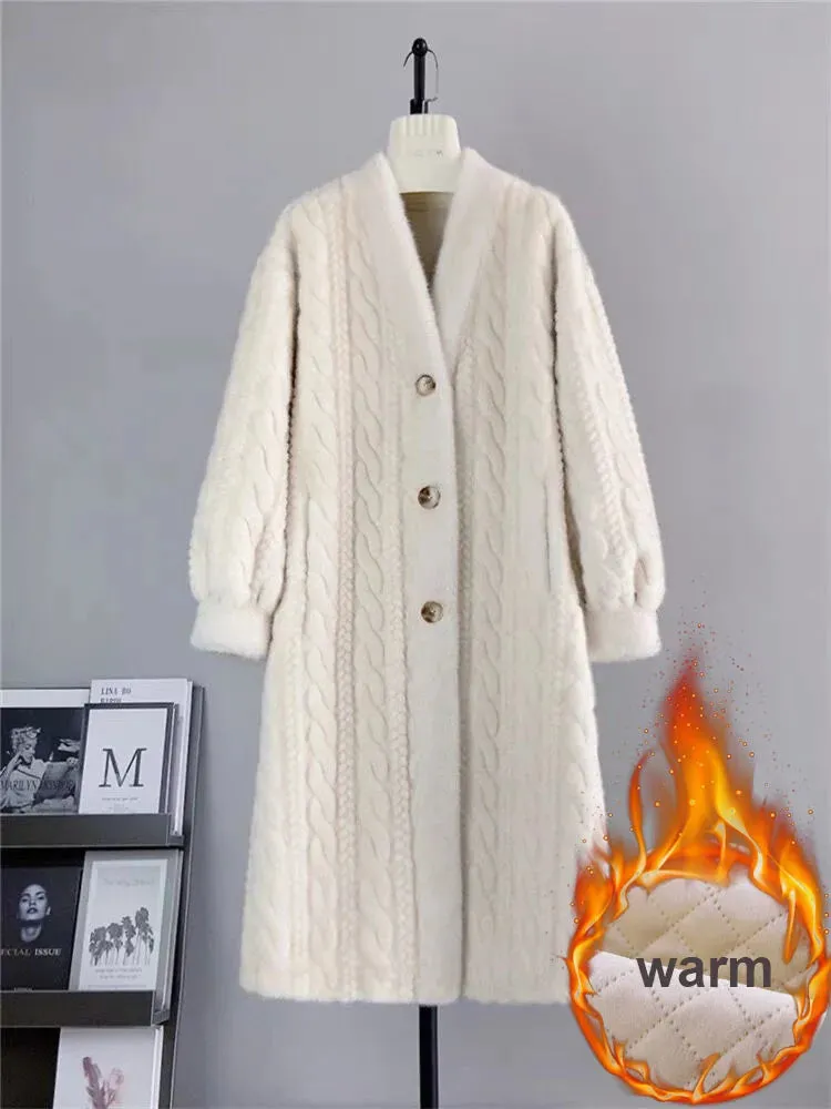 Winter Warm Faux Mink Fur Long Coats Women Korean Thicken Cotton Padded Lined Jackets Single Breasted Loose Rabbit Plus Abrigos