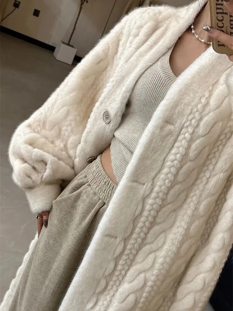 Winter Warm Faux Mink Fur Long Coats Women Korean Thicken Cotton Padded Lined Jackets Single Breasted Loose Rabbit Plus Abrigos