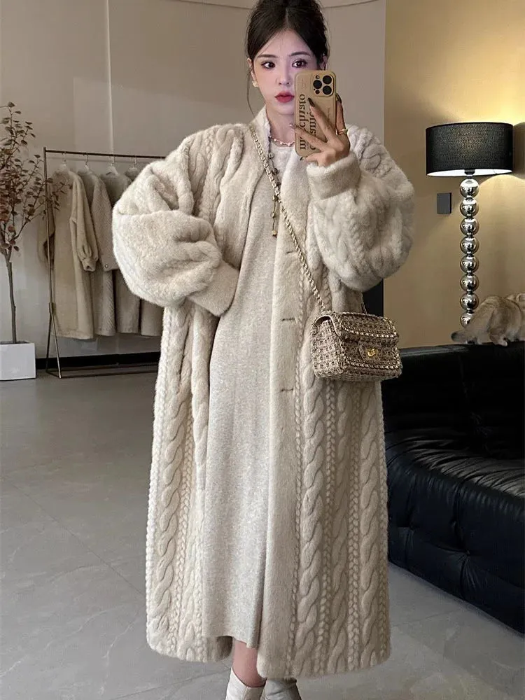 Winter Warm Faux Mink Fur Long Coats Women Korean Thicken Cotton Padded Lined Jackets Single Breasted Loose Rabbit Plus Abrigos
