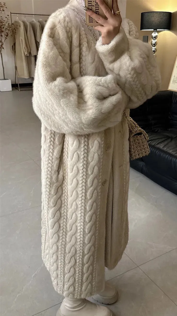 Winter Warm Faux Mink Fur Long Coats Women Korean Thicken Cotton Padded Lined Jackets Single Breasted Loose Rabbit Plus Abrigos