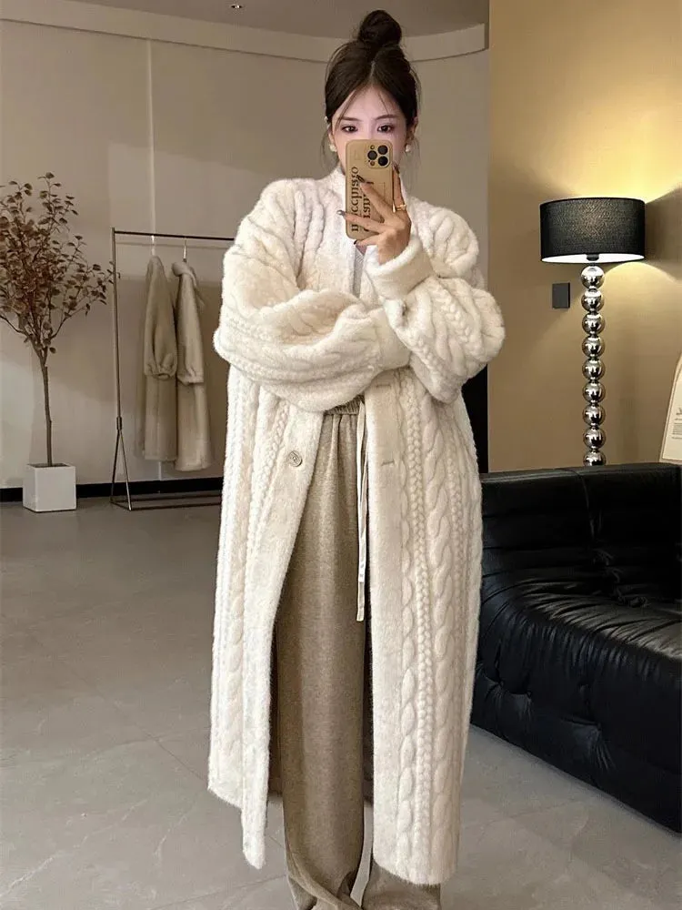 Winter Warm Faux Mink Fur Long Coats Women Korean Thicken Cotton Padded Lined Jackets Single Breasted Loose Rabbit Plus Abrigos