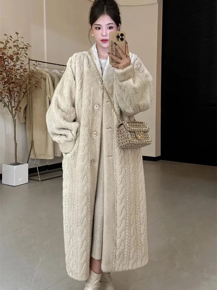 Winter Warm Faux Mink Fur Long Coats Women Korean Thicken Cotton Padded Lined Jackets Single Breasted Loose Rabbit Plus Abrigos