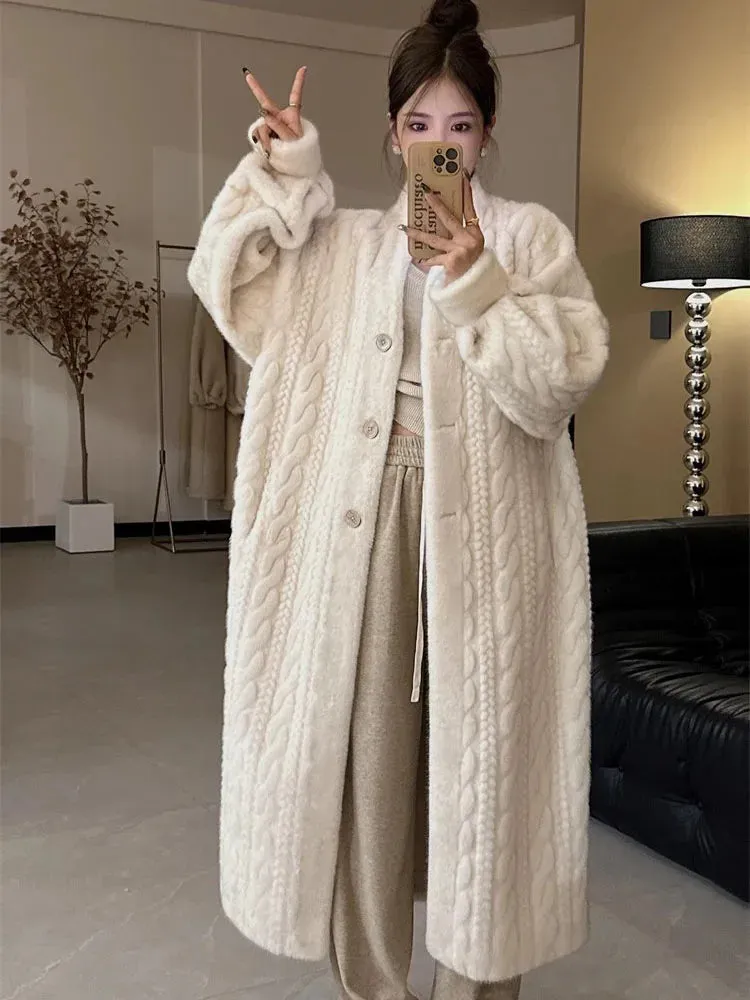 Winter Warm Faux Mink Fur Long Coats Women Korean Thicken Cotton Padded Lined Jackets Single Breasted Loose Rabbit Plus Abrigos