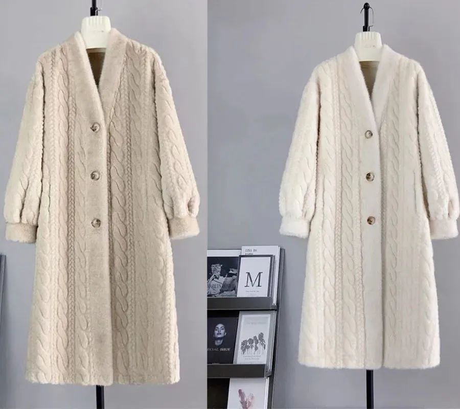 Winter Warm Faux Mink Fur Long Coats Women Korean Thicken Cotton Padded Lined Jackets Single Breasted Loose Rabbit Plus Abrigos