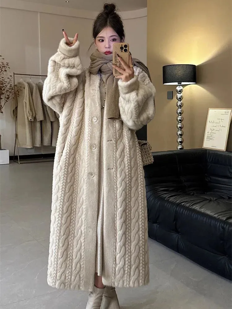 Winter Warm Faux Mink Fur Long Coats Women Korean Thicken Cotton Padded Lined Jackets Single Breasted Loose Rabbit Plus Abrigos